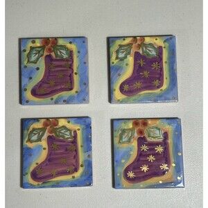 Ceramic Hand Painted Starbucks Christmas Stocking Holiday Coasters - 4 Pk.